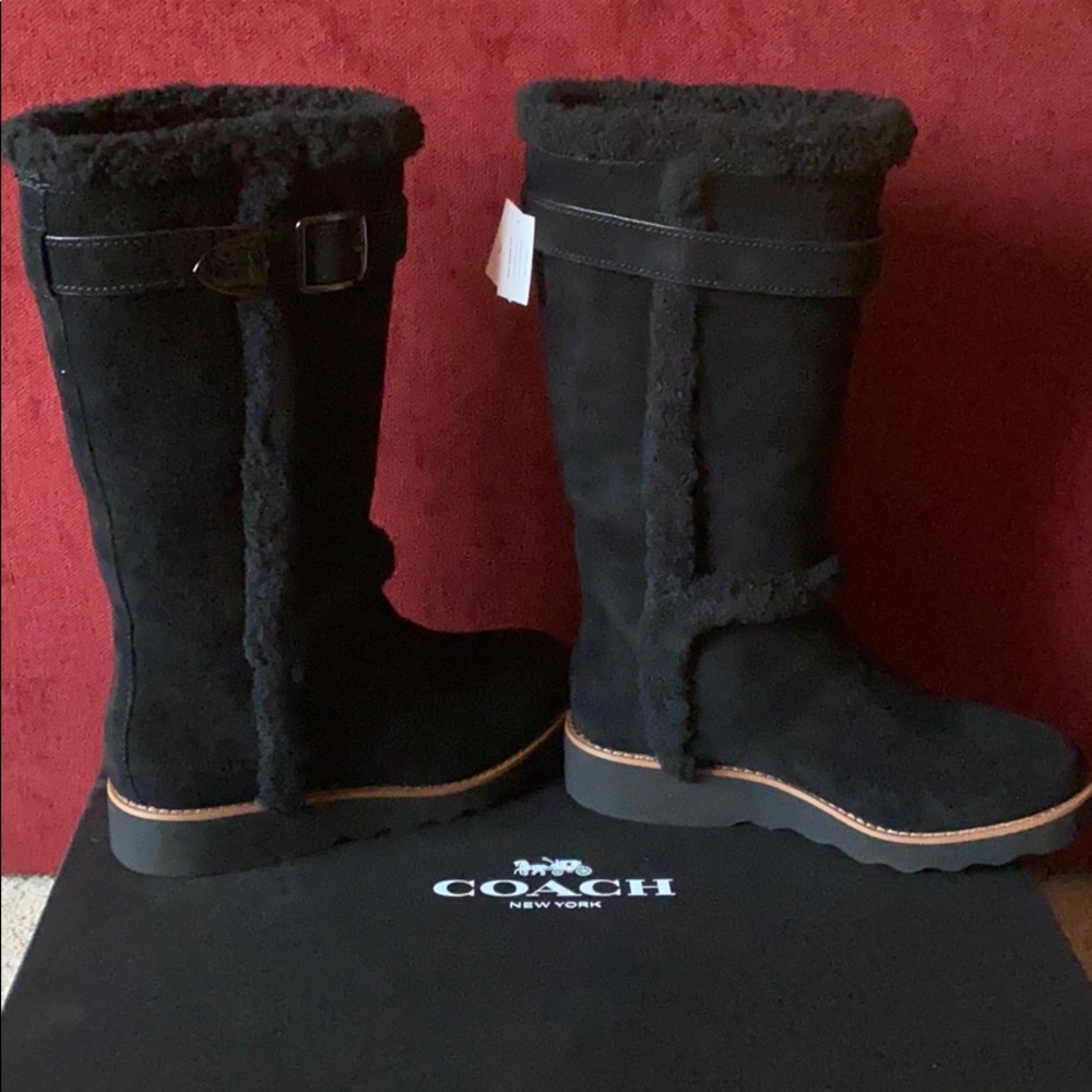 Coach Belmont Suede Black Real Fur Boots 6.5